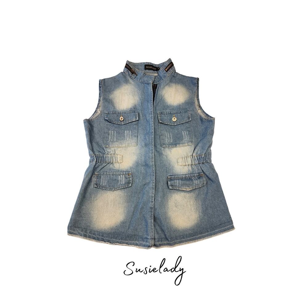 Susielady Women's Denim Vest Jacket Sleeveless Blue Distressed Utility Pockets L